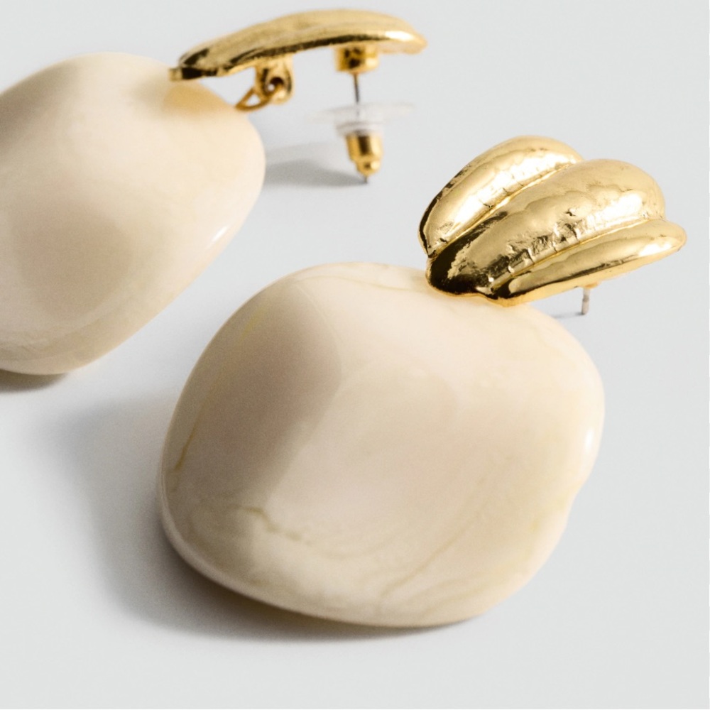 Mango Earrings, Gold Tone and Cream Polished Stone Post Drop. NWOT - Picture 2 of 6